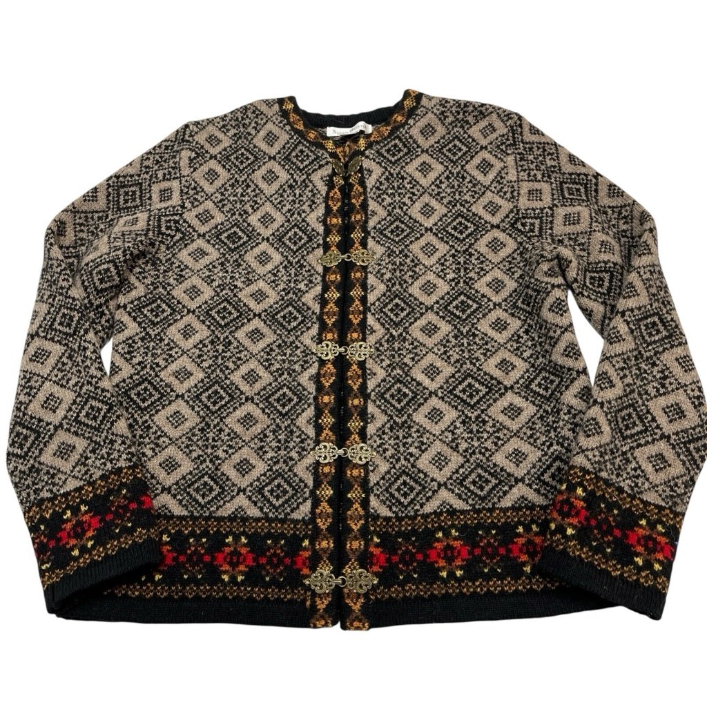 Susan Bristol Sweater S Brown 100% Wool Nordic Fair Isle Cardigan Metal Clasp